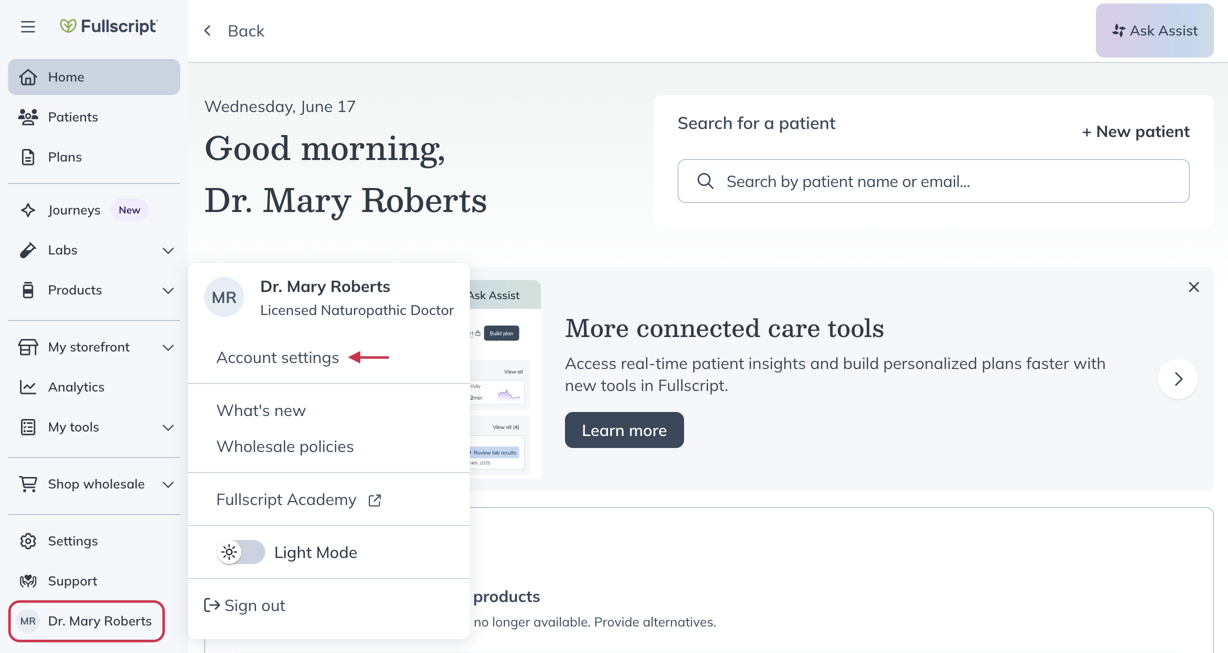 Practitioner account menu with Account settings highlighted.